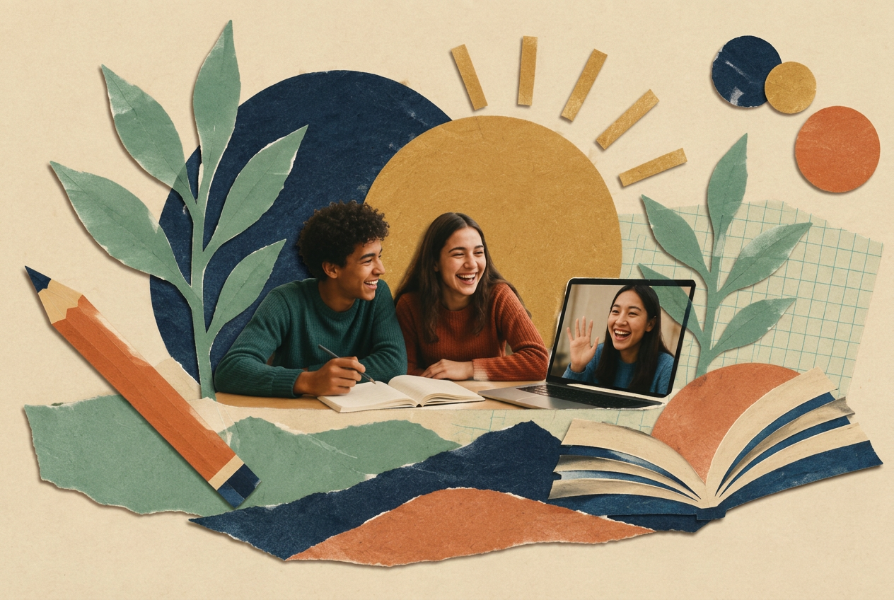 Paper collage of two teenagers laughing together over a notebook while a third joins by video call on a laptop, surrounded by sun, plant, and book shapes