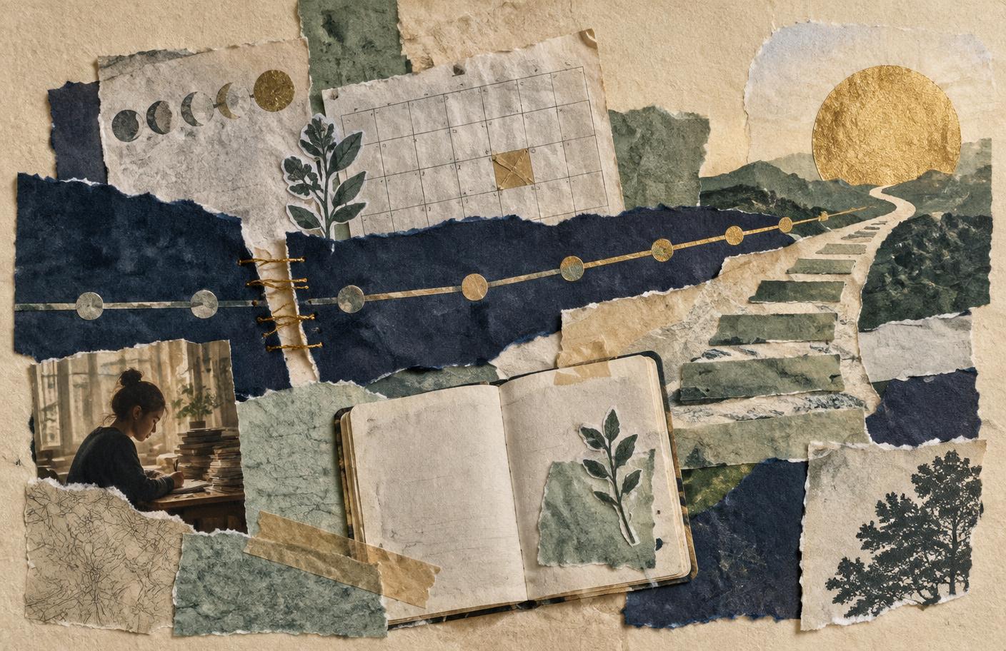 Handmade paper collage of a paused and rejoined timeline, an open notebook, and a path continuing toward sunlight